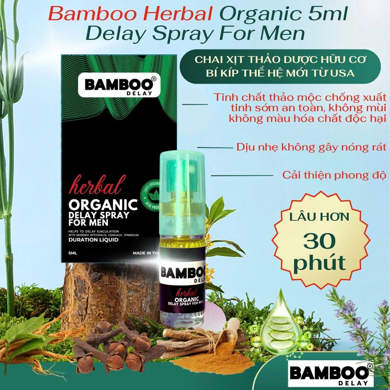 Chai Xịt USA Bamboo Herbal Organic Delay Spray For Men – Kéo Dài Thời Gian – 5ml