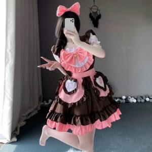 Váy Cosplay Nàng Hầu Thỏ Phối Nơ Hồng Phong Cách Lolita