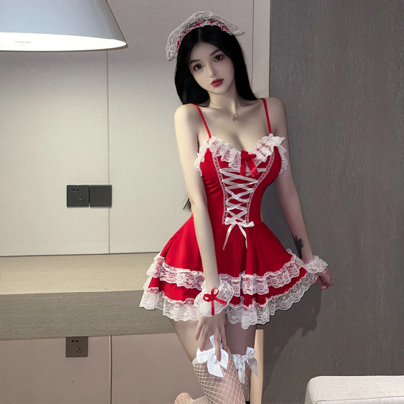 Trang Phục Giáng Sinh Valentine Dễ Thương Cao Cấp Set Đồ Cô Hầu Gái Anime Đỏ Phối Ren Sexy Gợi Cảm - N377 5 Trang Phục Giáng Sinh Valentine Dễ Thương Cao Cấp Set Đồ Cô Hầu Gái Anime Đỏ Phối Ren Sexy Gợi Cảm - N377