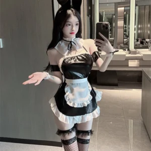 Cosplay Hầu Gái Anime Da Bóng Kèm Phụ Kiện Gợi Cảm Cao Cấp Set Ngủ Bé Thỏ Bông Hở Lưng Sexy Quyến Rũ - N872