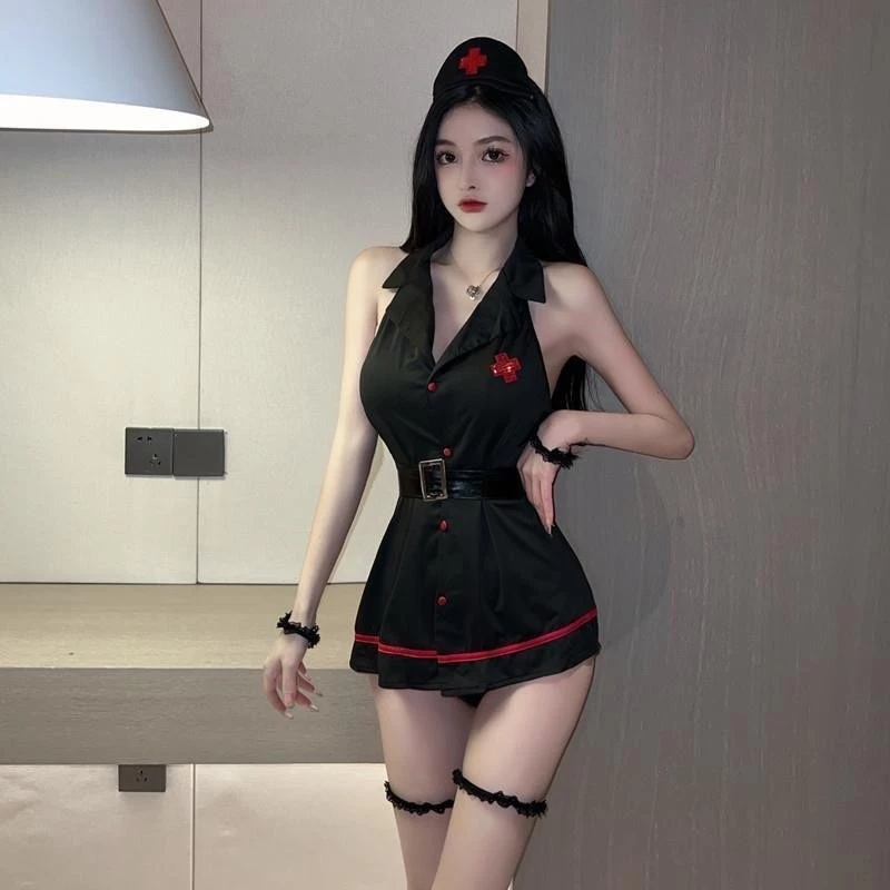 Váy Ngủ Cosplay Y Tá Có Đai Nịt Lưng Gợi Cảm Đáng Yêu Đầm Sơ Mi Nữ Bác Sĩ Hở Lưng Quyến Rũ Dễ Thương - N750 Đen 7 vn 11134207 820l4