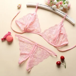 Đồ Lót Sexy 2 Mảnh Ren Quần Lót Lọt Khe Xẻ Đáy Set Bralette Nội Y Gợi Cảm - T310 Hồng