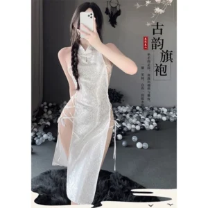 Sườn Xám Gợi Cảm Đan Dây Hông Anime Sexy Quyến Rũ Cosplay Cổ Trang Trung Hoa Gấm Trắng Mềm Mịn - N781 Trắng