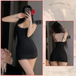 Váy Ngủ Ôm Body Tôn Dáng Phối Ren Siêu Xinh Gợi Cảm Đầm 2 Dây Mặc Nhà Xẻ Ngực Sang Chảnh Quyến Rũ - N258 Đen