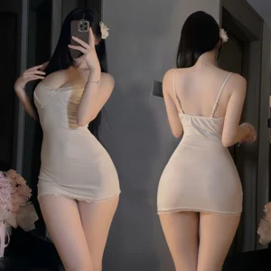 Váy Ngủ Ôm Body Tôn Dáng Phối Ren Siêu Xinh Gợi Cảm Đầm 2 Dây Mặc Nhà Xẻ Ngực Sang Chảnh Quyến Rũ - N258 Màu Be