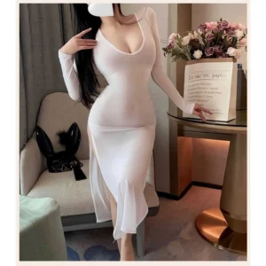 Đầm Ngủ Dài Xẻ Tà Đùi Dáng Ôm Quyến Rũ Cuốn Hút Váy Body Dài Tay Đen Trắng Phong Cách Gợi Cảm Ngọt Ngào - N290 Trắng