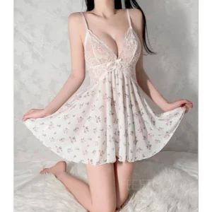 Váy Ngủ Sexy Hoạ Tiết Hoa Nhí Dáng Xoè Siêu Xinh Gợi Cảm Đầm Thức Nữ Voan Xuyên Thấu Tặng Chip Quyến Rũ - N268 Trắng