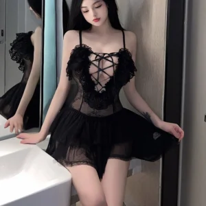 Váy Ngủ 2 Dây Sexy Ren Tầng Xuyên Thấu Cao Cấp Gợi Cảm Đầm Tiểu Thư Công Chúa Trắng Đen Hở Ngực Quyến Rũ - N146 Đen