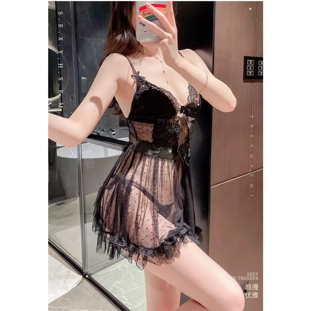 Váy Ngủ Tiểu Thư Ren Xuyên Thấu Sexy Gợi Cảm Cột Nơ Dễ Thương Đầm Công Chúa Xẻ Tà Chấm Bi Quyến Rũ - N235 Đen 4 Váy Ngủ Tiểu Thư Ren Xuyên Thấu Sexy Gợi Cảm Cột Nơ Dễ Thương Đầm Công Chúa Xẻ Tà Chấm Bi Quyến Rũ - N235 Đen