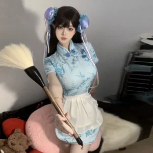 Cosplay Sườn Xám Cách Tân Kèm Tạp Dề Siêu Xinh Dễ Thương Set Đồ Cổ Trang Trung Hoa Xẻ Tà Gợi Cảm - N386 Xanh