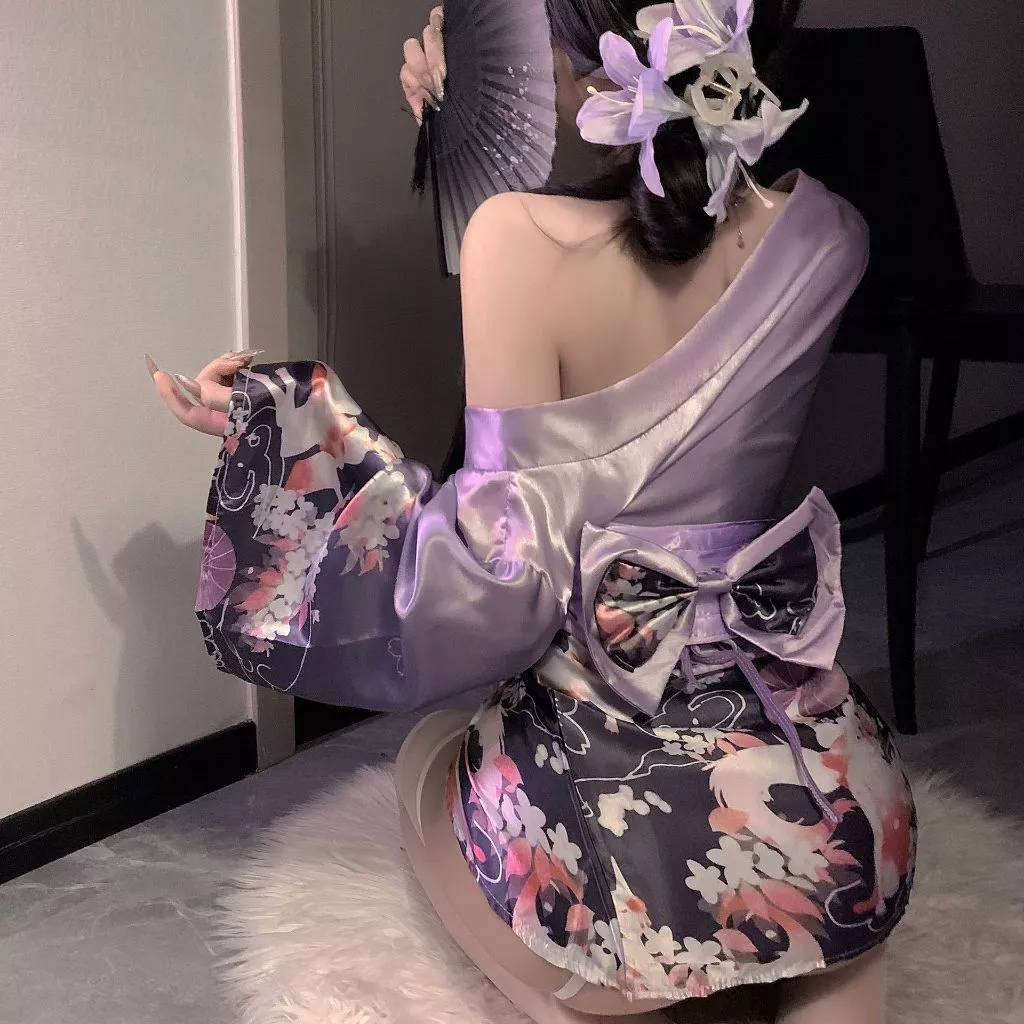 Đồ Ngủ Kimono Nhật Bản Xẻ Ngực Gợi Cảm Sang Trọng Cosplay Sexy Áo Choàng Ngủ Lụa Hoa Anh Đào Quyến Rũ - N841 Tím 12 vn 11134207 7ra0g
