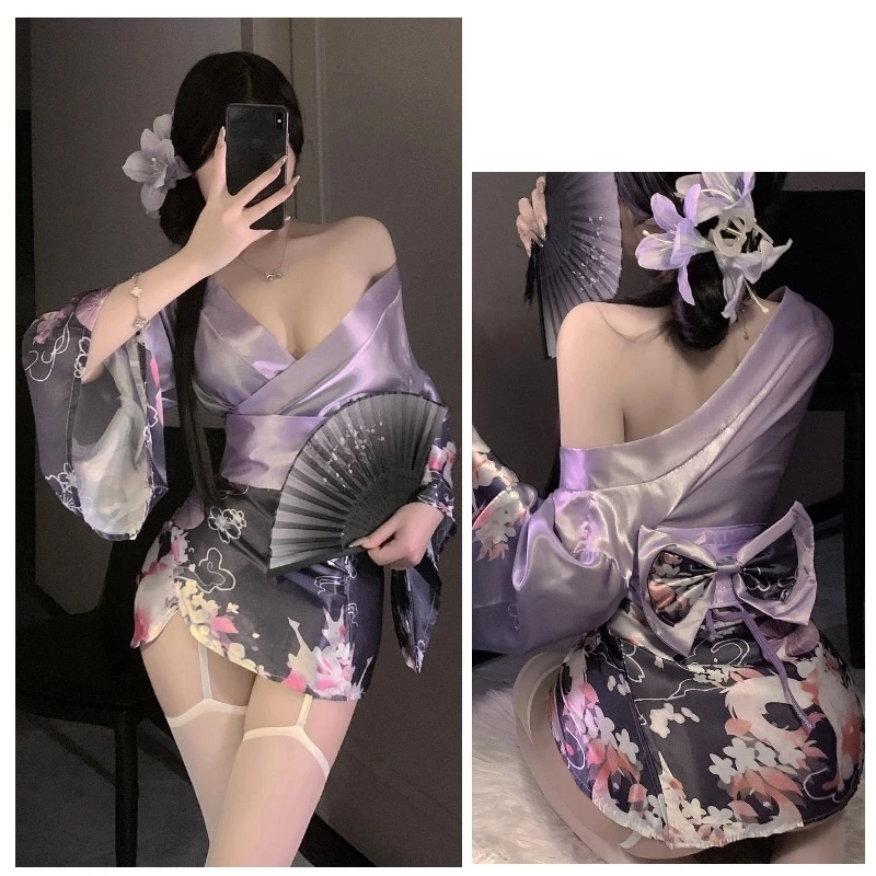 Đồ Ngủ Kimono Nhật Bản Xẻ Ngực Gợi Cảm Sang Trọng Cosplay Sexy Áo Choàng Ngủ Lụa Hoa Anh Đào Quyến Rũ - N841 Tím 1 Đồ Ngủ Kimono Nhật Bản Xẻ Ngực Gợi Cảm Sang Trọng Cosplay Sexy Áo Choàng Ngủ Lụa Hoa Anh Đào Quyến Rũ - N841 Tím
