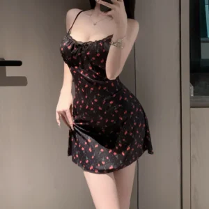 Váy Ngủ Hoa Nhí Thun Cotton Có Đệm Ngực Gợi Cảm Dễ Thương Đầm Thức Hoa Tím Hồng Quyến Rũ Ngọt Ngào - N284 Đen Hoa Hồng