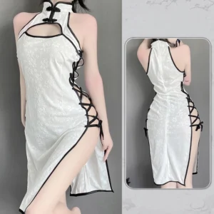 Váy Sườn Xám Đan Dây Hông Sexy Nhung Họa Tiết Hoa Mềm Mịn Gợi Cảm Đồ Ngủ Cosplay Cổ Trang Xẻ Tà Quyến Rũ - N785 Trắng
