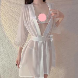 Áo Choàng Ngủ Xuyên Thấu Phối Ren Mềm Mại Gợi Cảm Áo Khoác Ngoài Nữ Mặc Nhà Có Thắt Lưng Quyến Rũ – N256 Trắng