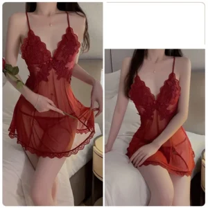 Váy Ngủ Nữ Sexy Voan Xuyên Thấu Phối Ren Gợi Cảm Tinh Tế Đầm 2 Dây Hở Lưng Kèm Quần Lọt Khe Quyến Rũ - N188 Đỏ