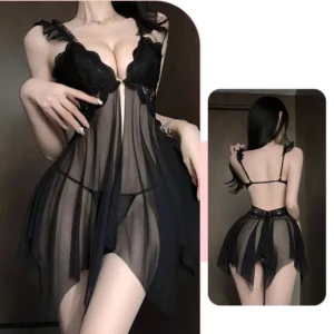 Váy Ngủ Nữ Xuyên Thấu Có Mút Ngực Khoá Cài Sexy Gợi Cảm Đầm Cánh Tiên 2 Dây Xẻ Tà Trước Quyến Rũ Tinh Tế - N155 Đen