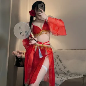 Cosplay Cổ Trang Trung Quốc Phối Kim Tuyến Gợi Cảm Cao Cấp Set Ngủ Hán Phục hanfu Cách Tân Quyến Rũ - N881 Đỏ
