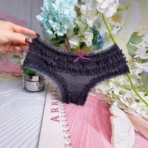 Quần Lót Lưng Thun Nhún Bèo Cạp Cao Đáng Yêu Xinh Xắn Quần Chip Nữ Ren Mềm Mại Phối Hoa Nơ Sexy - T303 Đen Chấm Bi