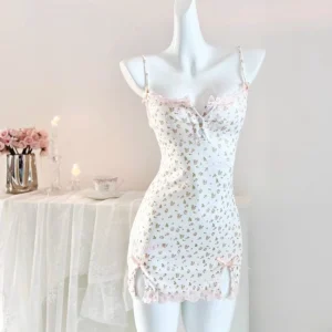 Váy Ngủ Hoa Nhí 2 Dây Phối Ren Siêu Xinh Gợi Cảm Đầm Ôm Body Hoa Hồng Tím Quyến Rũ Ngọt Ngào - N232 Trắng Hoa Trà