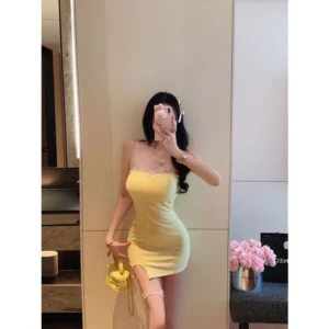 Váy Ngủ Sexy Ôm Body Tôn Dáng Phối Ren Choker Đùi Siêu Xinh Quyến Rũ Đầm 2 Dây Mặc Nhà Sang Xịn Gợi Cảm - N163 Vàng