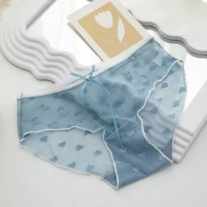 Quần Lót Ren Xuyên Thấu Hoạ Tiết Trái Tim Siêu Đáng Yêu Gợi Cảm Quần Chip Nữ Đính Nơ Dễ Thương Quyến Rũ - T332 Xanh Dương