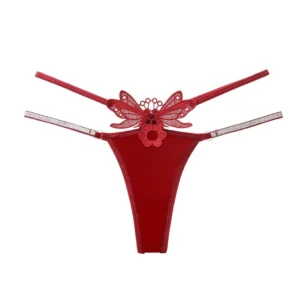 Quần Lót Lọt Khe Sexy Thêu Hoa Bướm Quyến Rũ Quần Chip Nữ Cạp Chéo Phối Dây Lấp Lánh Thanh Lịch Gợi Cảm - T361 Đỏ