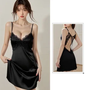 Váy Ngủ Lụa 2 Dây Xinh Phối Ren Hở Lưng Gợi Cảm Đáng Yêu Đầm Mặc Nhà Sexy Có Đệm Mút Dáng Suông Quyến Rũ - N282 Đen