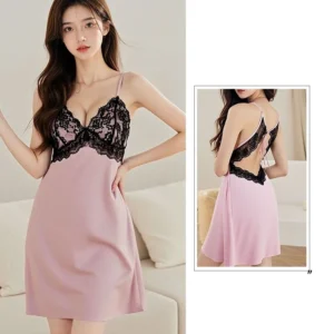 Váy Ngủ Lụa 2 Dây Xinh Phối Ren Hở Lưng Gợi Cảm Đáng Yêu Đầm Mặc Nhà Sexy Có Đệm Mút Dáng Suông Quyến Rũ - N282 Hồng