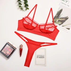 Bộ Đồ Lót Ren Bèo Chấm Bi Cực Xinh Quyến Rũ Set Nội Y Nữ Lưới Đáng Yêu Gợi Cảm - T337 Đỏ