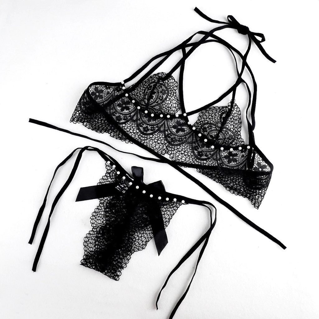 Đồ Lót Nữ Ren Xuyên Thấu Đính Hạt Đáng Yêu Quyến Rũ Set Nội Y Lingerie Cột Dây Gợi Cảm Ngọt Ngào - T368 Đen 11 sg 11134201 8261k mlehtc5tc2de6e