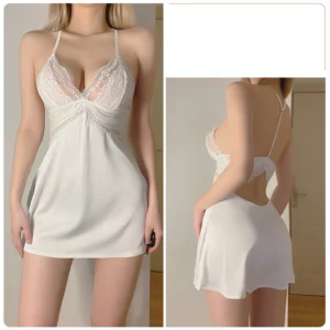 Váy Ngủ Lụa Phối Ren Ngực Gợi Cảm Dễ Thương Đầm Mặc Nhà Hở Lưng Sexy Tặng Chip Lọt Khe Quyến Rũ - N178 Trắng