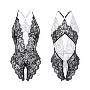 Bodysuit Ren Hoa Xẻ Ngực Sexy Gợi Cảm Đồ Ngủ Liền Thân Hở Đũng Quyến Rũ Đáng Yêu - N940 Đen