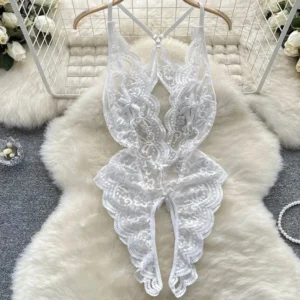 Bodysuit Ren Hoa Xẻ Ngực Sexy Gợi Cảm Đồ Ngủ Liền Thân Hở Đũng Quyến Rũ Đáng Yêu - N940 Trắng