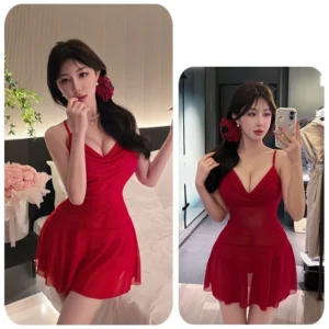 Váy Ngủ Ren Xuyên Thấu Cổ Đổ Kèm Chip Đáng Yêu Quyến Rũ Đầm Ngủ 2 Dây Dáng Xòe Gợi Cảm Thanh Lịch - N161 Đỏ