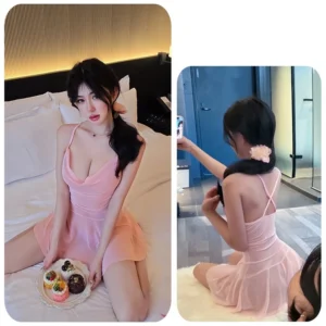 Váy Ngủ Ren Xuyên Thấu Cổ Đổ Kèm Chip Đáng Yêu Quyến Rũ Đầm Ngủ 2 Dây Dáng Xòe Gợi Cảm Thanh Lịch - N161 Hồng