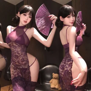 Váy Ngủ Dài Ren Hoa Kèm Áo Lót Tôn Dáng Gợi Cảm Đầm Sườn Xám Xẻ Tà Hông Quyến Rũ Thanh Lịch - N151 Tím
