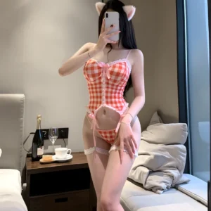Set Đồ Lót Nơ Sọc Caro Kèm Đai Garter Xinh Yêu Gợi Cảm Áo Corset Định Hình Choker Quyến Rũ Duyên Dáng - N827 Đỏ