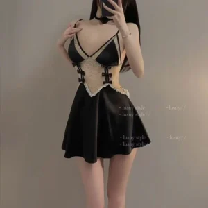 Váy Ngủ Sexy Phối Ren Ngực Hở Lưng Gợi Cảm Xinh Yêu Đầm Lụa 2s Cổ V Dáng Xoè Dễ Thương Quyến Rũ - N272 Đen