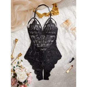 Bodysuits Đồ Lót Liền Thân Xẻ Đáy Ren Hoa Sexy Quyến Rũ Áo Ngủ 1 Mảnh Phối Dây Ngực Gợi Cảm - N906 Đen