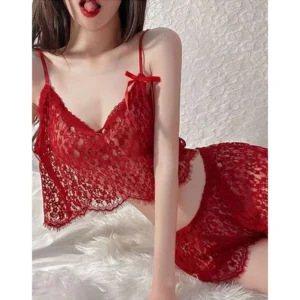 Đồ Ngủ Nữ Mỏng Áo 2 Dây Xuyên Thấu Gợi Cảm Set Ngủ Mặc Nhà Ren Họa Tiết Hoa Dễ Thương - N106 Đỏ