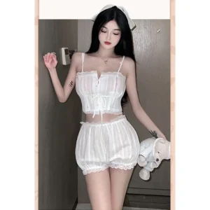 Đồ Ngủ Sexy Áo 2 Dây Đáng Yêu Quyến Rũ Set Ngủ Mặc Nhà Đũi Mỏng Trắng Thoáng Mát Gợi Cảm - N120
