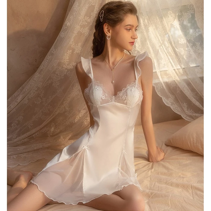 Váy Ngủ Lụa Sexy Có Đệm Ngực Cao Cấp Phối Ren Gợi Cảm Đầm Thức Mặc Nhà Hở Lưng Quyến Rũ Thanh Lịch - N167 Trắng 9 sg 11134201 7qvdo lfbeh5lzb7ph38