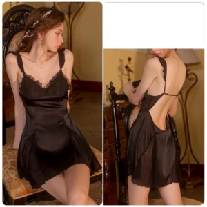 Váy Ngủ Lụa Sexy Có Đệm Ngực Cao Cấp Phối Ren Gợi Cảm Đầm Thức Mặc Nhà Hở Lưng Quyến Rũ Thanh Lịch - N167 Đen