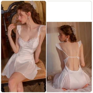 Váy Ngủ Lụa Sexy Có Đệm Ngực Cao Cấp Phối Ren Gợi Cảm Đầm Thức Mặc Nhà Hở Lưng Quyến Rũ Thanh Lịch - N167 Trắng