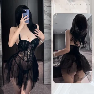 Đầm Ren KTV Xuyên Thấu Có Gọng Đệm Ngực Tôn Dáng Liền Váy Gợi Cảm Xinh Xắn Áo Corset Định Hình Quyến Rũ - N818 Đen