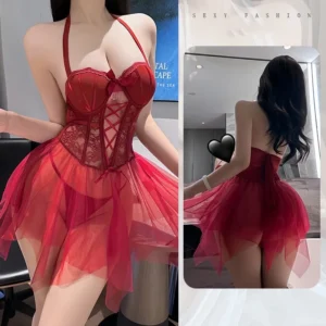 Đầm Ren KTV Xuyên Thấu Có Gọng Đệm Ngực Tôn Dáng Liền Váy Gợi Cảm Xinh Xắn Áo Corset Định Hình Quyến Rũ - N818 Đỏ