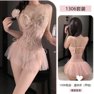 Đồ Ngủ Liền Thân Có Gọng Thêu Hoa Bướm Cực Xinh Gợi Cảm Jumsuit Phối Váy Xoè Cột Dây Eo Sexy Quyến Rũ - N506 Nude
