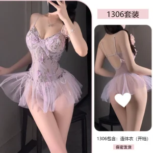 Đồ Ngủ Liền Thân Có Gọng Thêu Hoa Bướm Cực Xinh Gợi Cảm Jumsuit Phối Váy Xoè Cột Dây Eo Sexy Quyến Rũ - N506 Tím