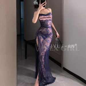 Đầm Ngủ Maxi Ren Hoa Xẻ Tà Đùi Gợi Cảm Thanh Lịch Váy Ngủ Dài 2 Dây Cổ Yếm Dáng Body Quyến Rũ Đáng Yêu - N286 Xanh